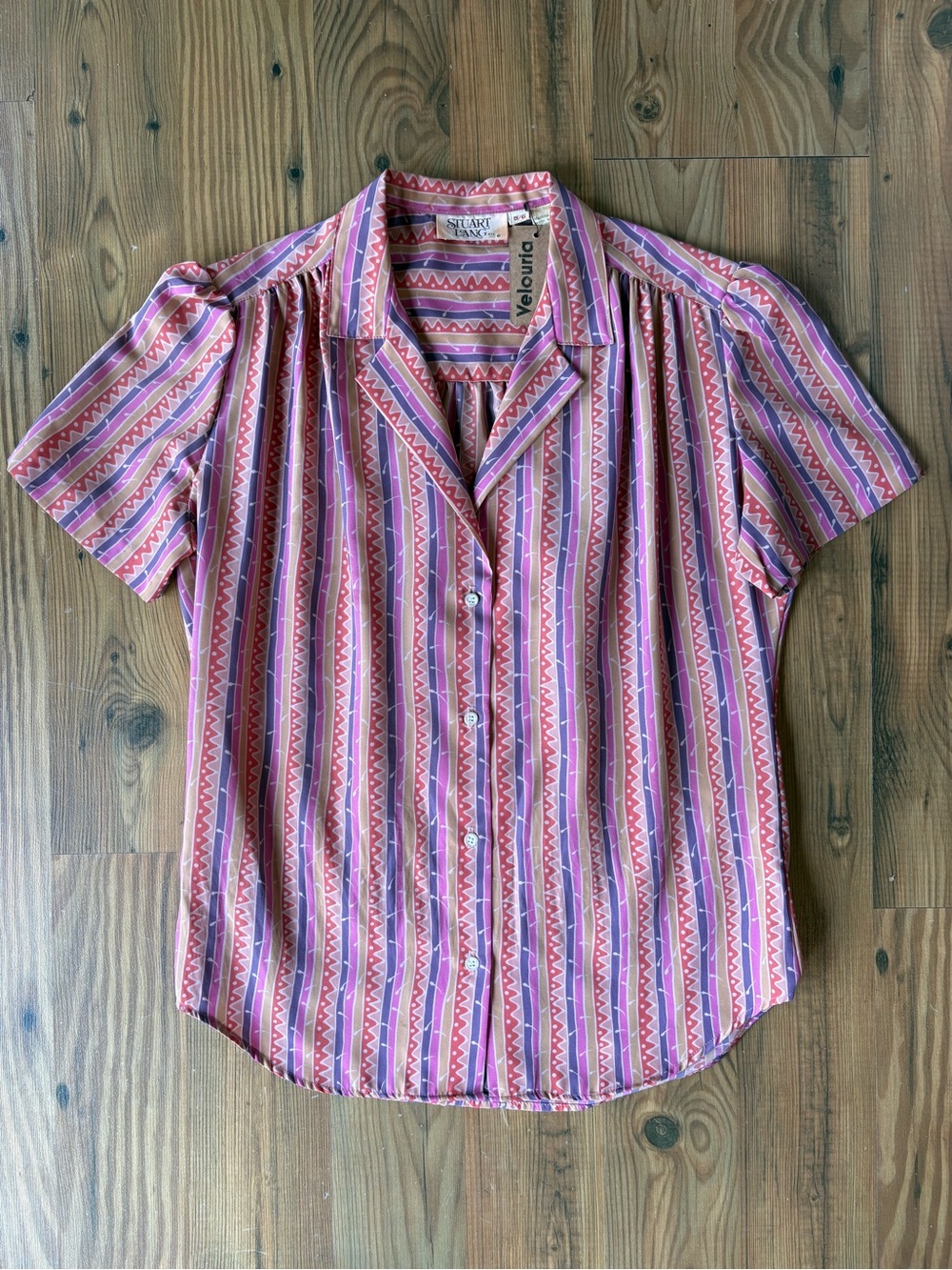 Vintage 70s Stuart Lang Multi-Stripe Short Sleeve Button Front Top Sz 5/6